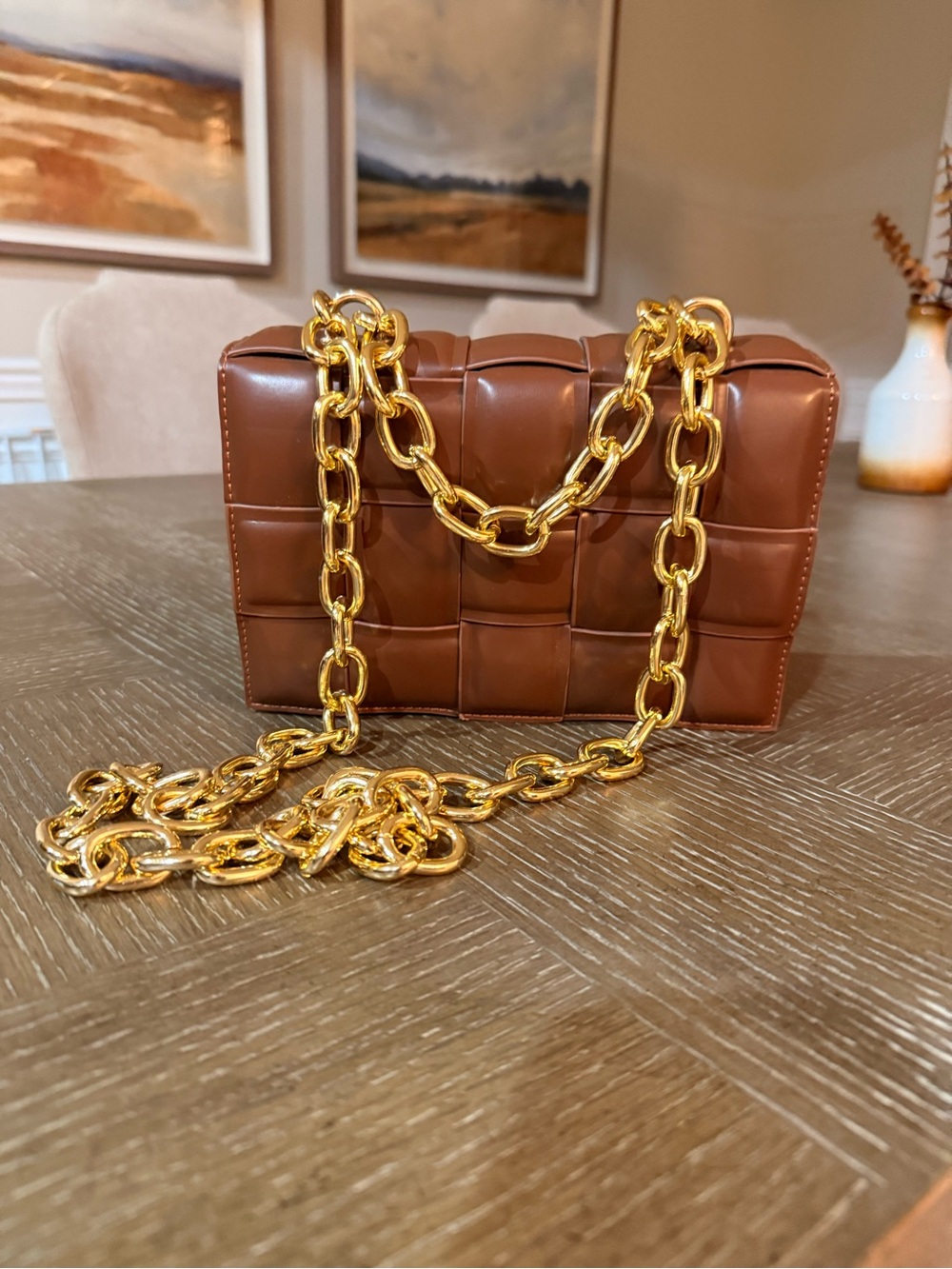 Lux Quilted Woven Crossbody Bag in Brown with Gold Chain
